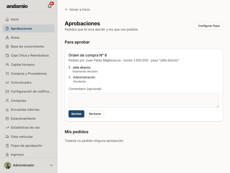 Pantalla de aprobaciones pendientes en Andamio.