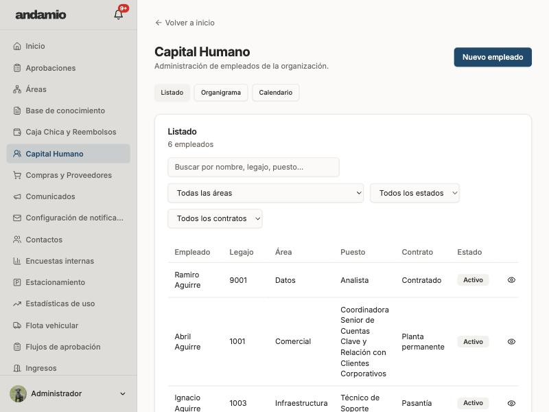 Listado de legajos de empleados en el módulo de Capital Humano.