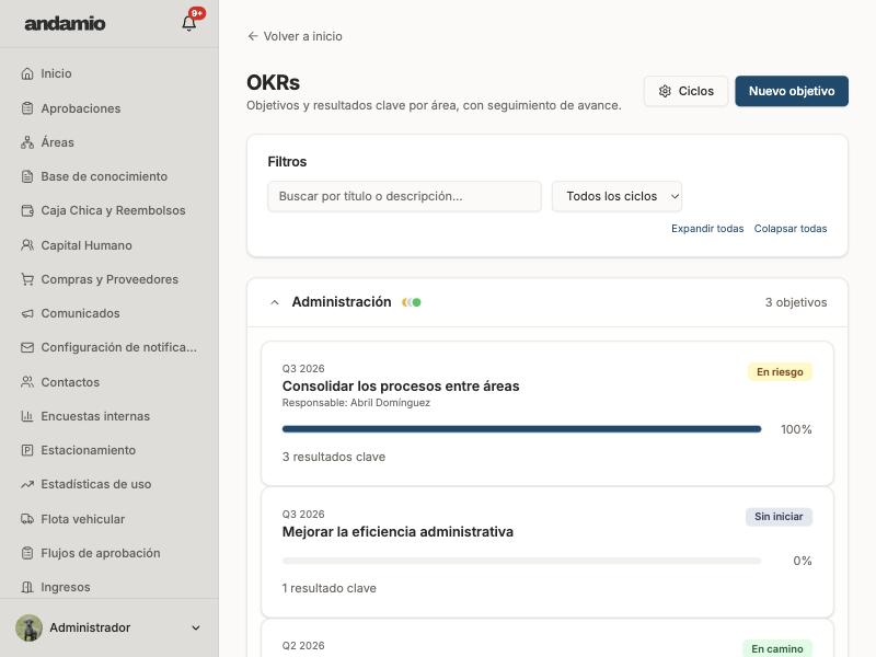 Detalle de un objetivo con resultados clave en el módulo de OKRs.