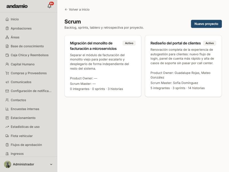 Tablero Kanban y sprint activo en el módulo de gestión ágil.